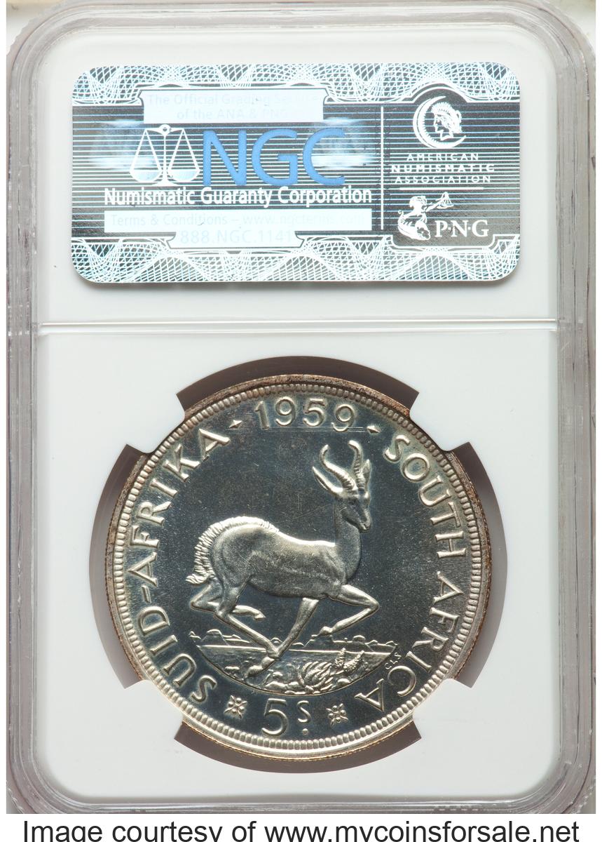 1959 South Africa: Elizabeth II Proof 5 Shillings 1959 PR66 NGC - Back