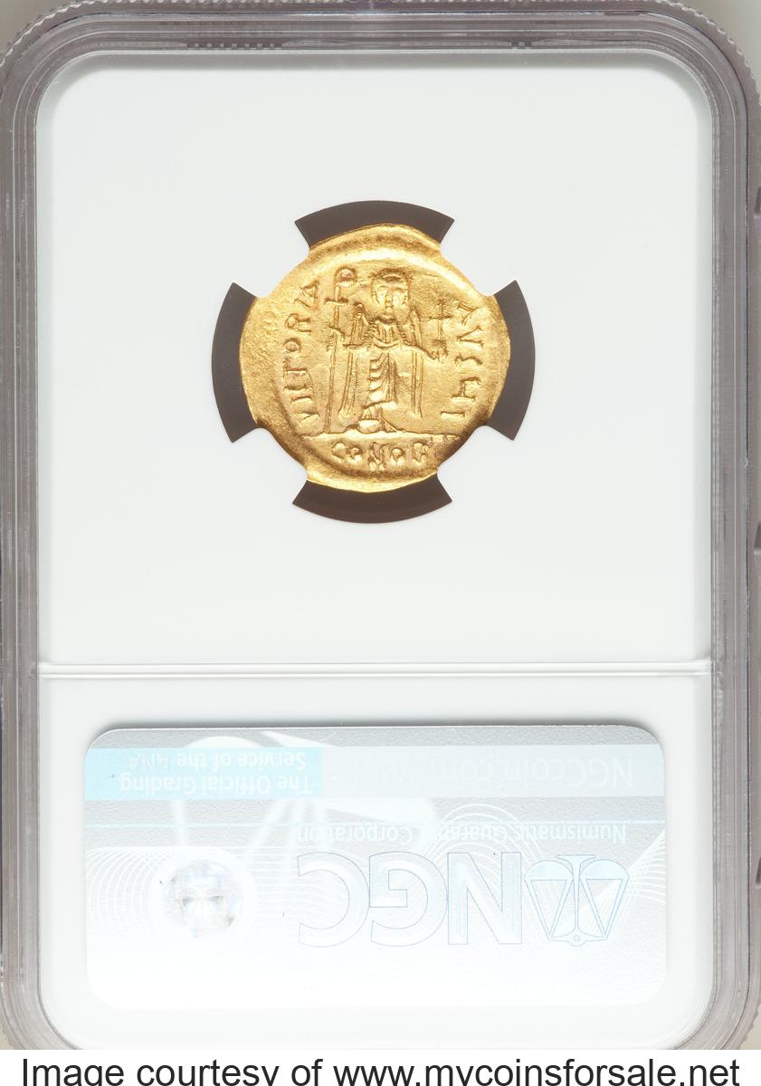 Ancients: Phocas (AD 602-610). AV solidus (21mm, 4.41 gm, 6h). NGC MS 4/5 - 4/5, clipped. - Back