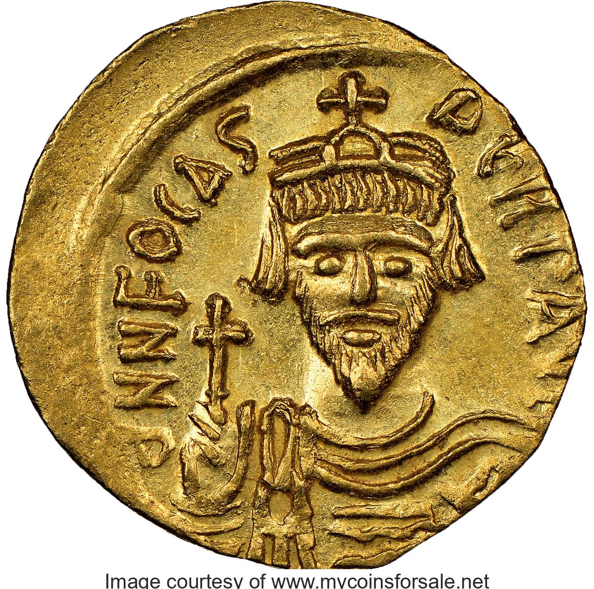 Ancients: Phocas (AD 602-610). AV solidus (21mm, 4.41 gm, 6h). NGC MS 4/5 - 4/5, clipped. - Main Front