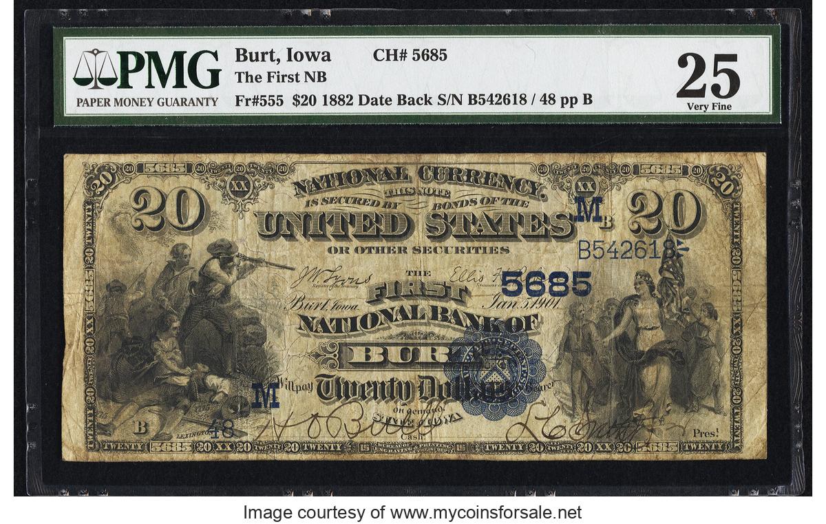 1882 Burt, IA - $20 1882 Date Back Fr. 555 The First National Bank Ch. # (M)5685 PMG Very Fine 25 - Front