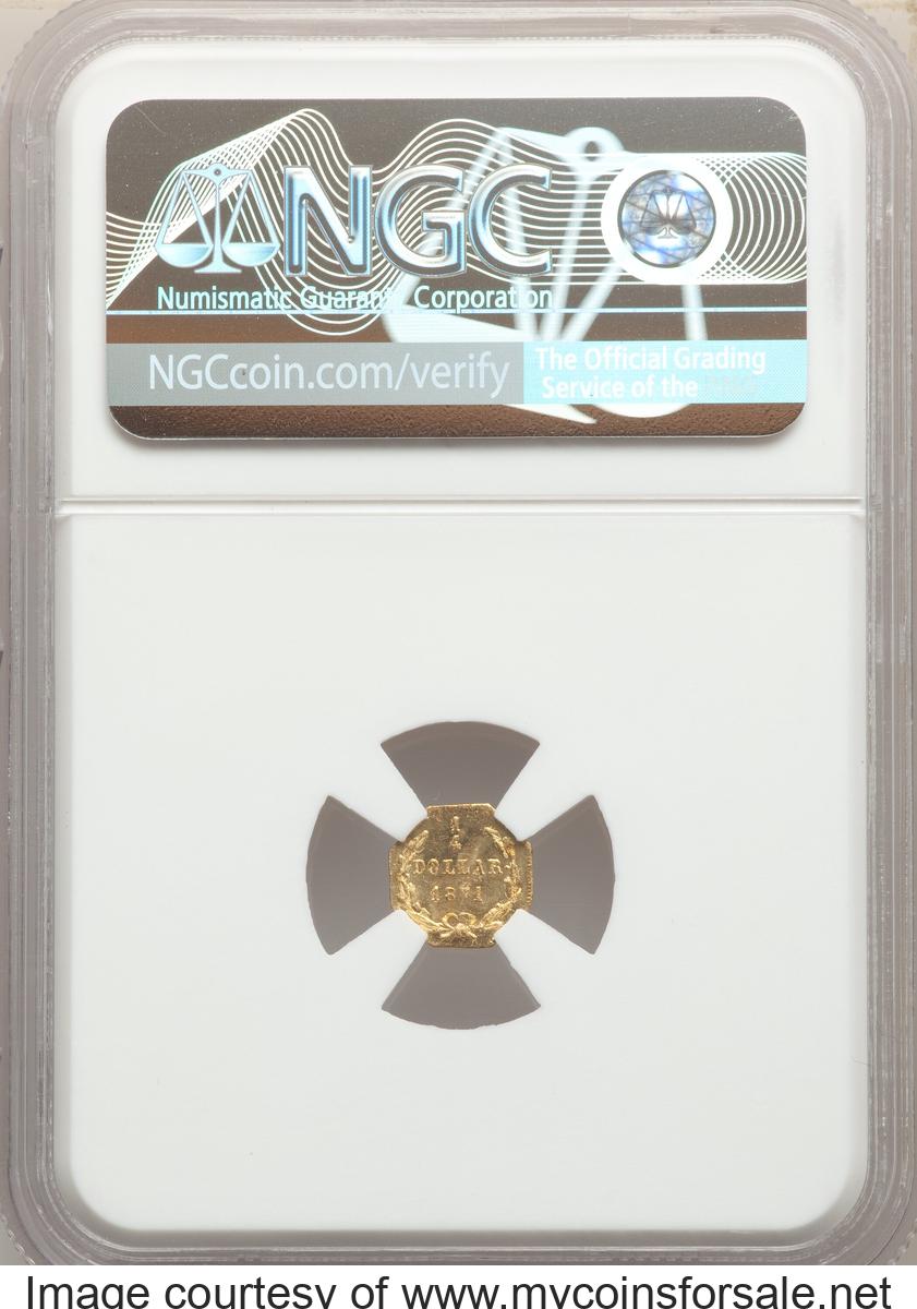 1871 25C Liberty Octagonal 25 Cents, BG-717, R.3, MS67 NGC. NGC Census: (4/0). PCGS Population: (10/1). - Back