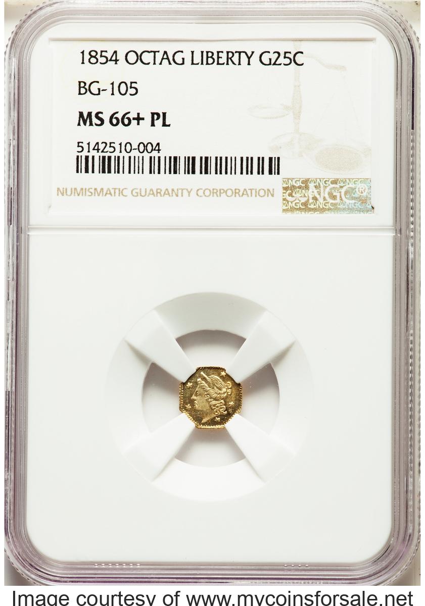 1854 25C Liberty Octagonal 25 Cents, BG-105, R.3, MS66+ Prooflike. - Front
