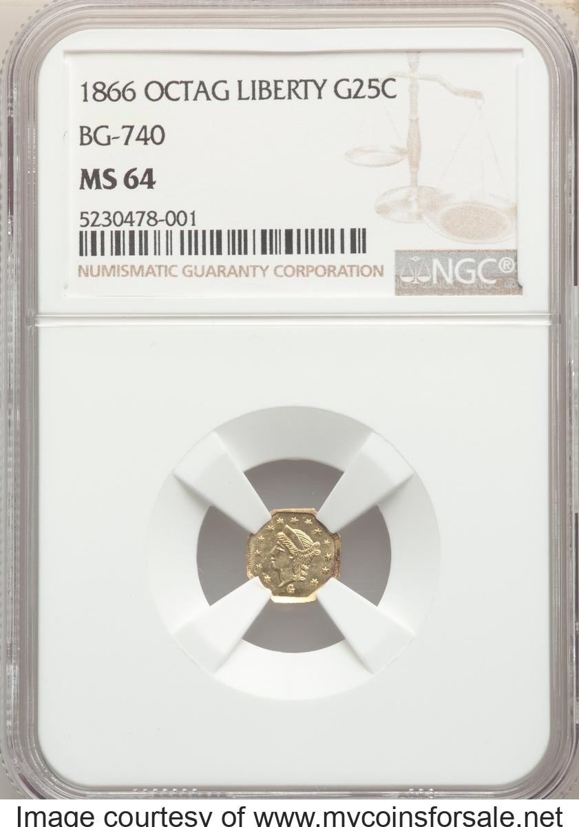 1866 25C Liberty Head Octagonal 25 Cents, BG-740, R.6, MS64 NGC. NGC Census: (2/0). PCGS Population: (2/0