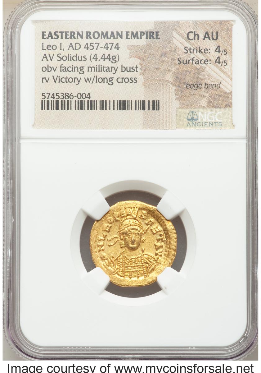 Ancients: Leo I the Great, Eastern Roman Empire (AD 457-474). AV solidus (20mm, 4.44 gm, 5h). NGC Choice AU 4/5 - 4/5, edge bend.