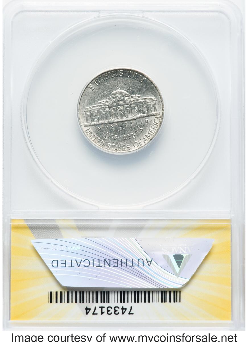 Undated 5C Jefferson Nickel -- Struck Through Late Stage Capped Die -- MS60 ANACS. - Back